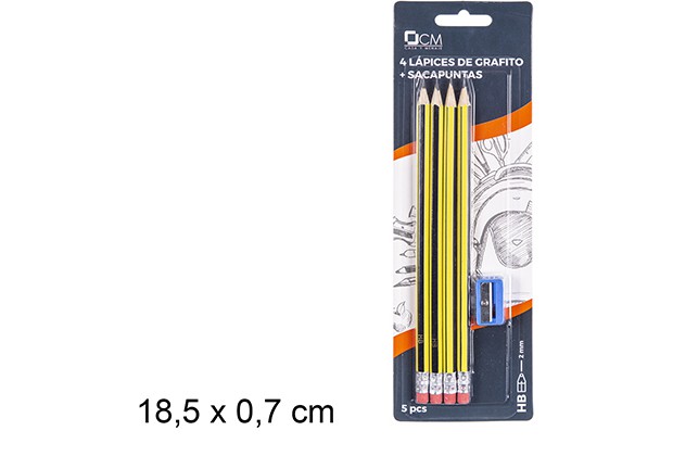 4 lapices de grafito hb con sacapuntas