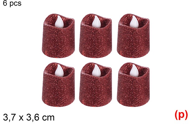 6 velas led purpurina roja 3.7x4cm