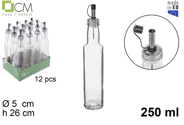 Aceitera vinajera cristal redonda tapon acero antigoteo 250ml
