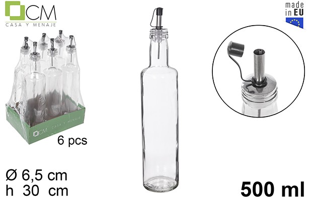 Aceitera vinajera cristal redonda tapon acero antigoteo 500ml