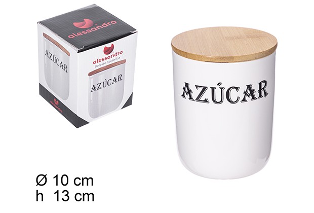 Bote cocina ceramica blanca tapa bambu letrero azucar