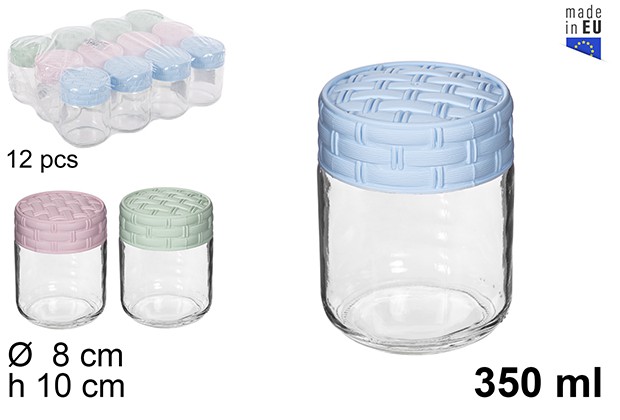 Bote cristal 350ml. tapa ratan colores pastel.