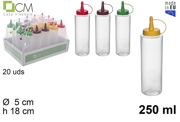 Bote salsa 250ml plast.transparente tapa color surtidos