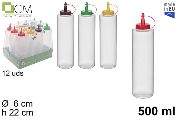 Bote salsa 500ml plast.transparente tapa color surtido