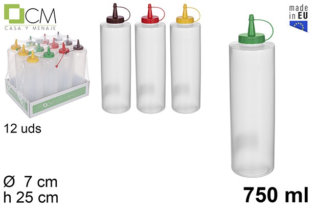 Bote salsa 750ml plastico transparente tapa color surtidos