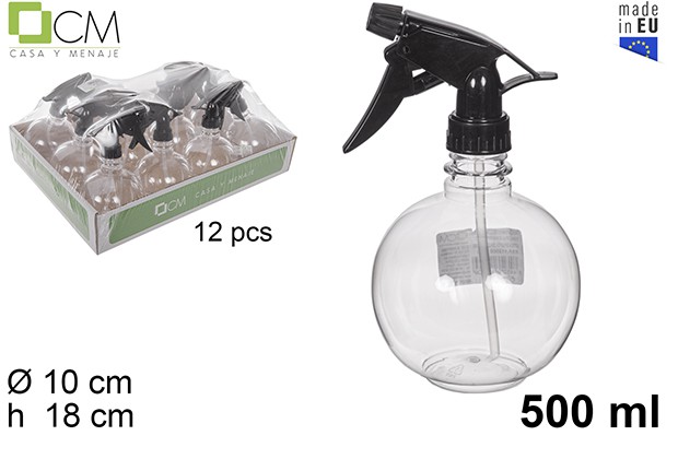 Botella plastico bola transparente con pulverizador negro 500ml.