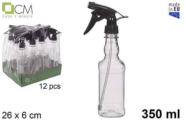 Botella plastico cuadrada transparente 350ml c/pulverizador negro.