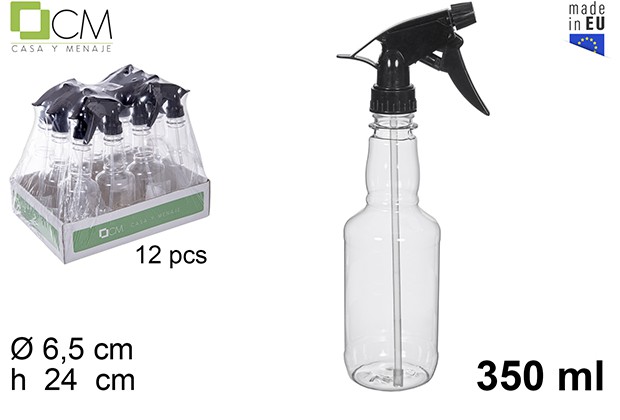 Botella plastico redonda transparente 350ml. con pulverizador negro.