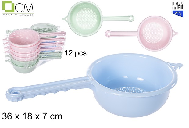 Cazo plastico escurridor con mango  18cm colores pastel