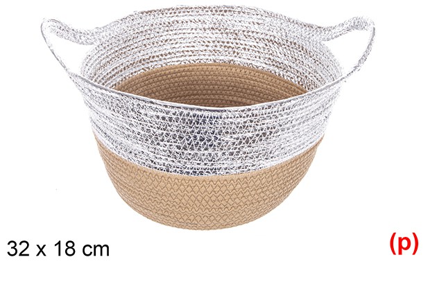 Cesta cuerda papel con asa natural/plata 32x18cm