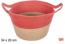 Cesta cuerda papel con asa natural/rojo 34x20cm