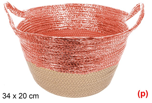 Cesta cuerda papel con asa natural/rojo brillo 34x20cm