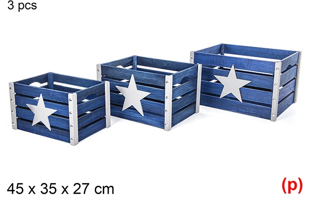 Juego 3 cajas madera azul decorado 45x35x27cm