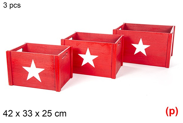 Juego 3 cajas madera roja deco estrella 42x33x25cm