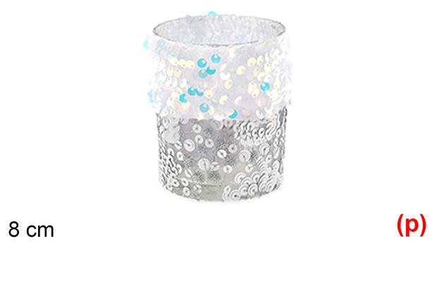 Portavela cristal decorada lentejuelas blanco/plata 8cm