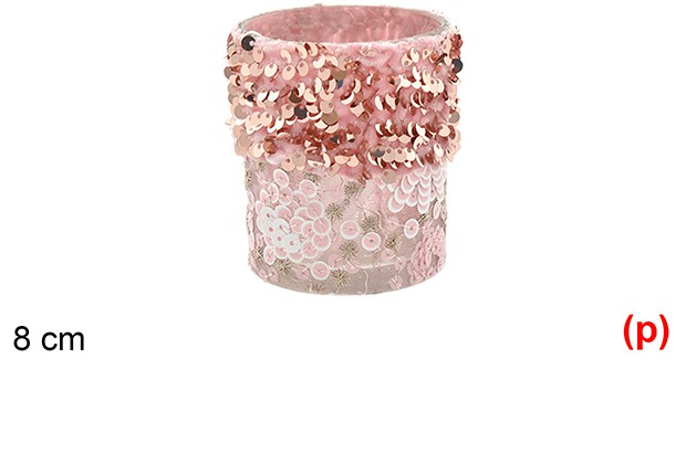 Portavela cristal decorada lentejuelas rosa/rosa claro 8cm