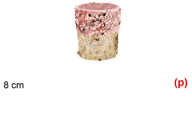 Portavelas cristal decorada lentejuelas oro/rosa 8cm