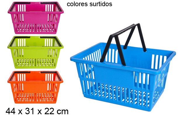 Cestino per la spesa rettangolare in plastica con manici pieghevoli in colori assortiti