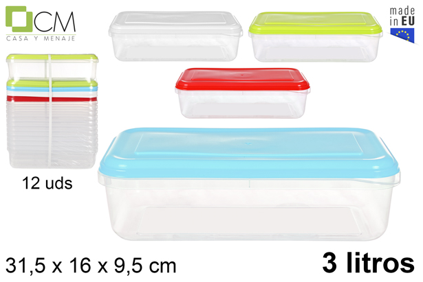 Fiambrera rectangular con tapa colores surtidos 3 l.