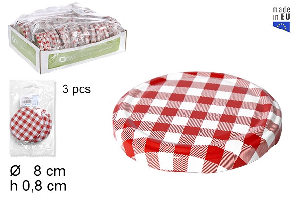 Pack 3 vichy decorated metal lids 8 cm