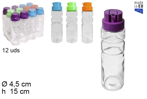 Distributeur huile/vinaigre verre rond avec bouchon couleurs assorties