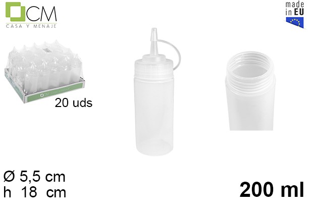 [102783] Bottiglia per salse in plastica trasparente a bocca larga con coperchio 200 ml