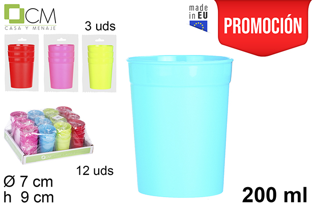 Pack 3 reusable camping glasses assorted colors 200 ml