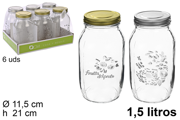 Frasco de vidro com tampa dourada/prata sortida 1.500 ml