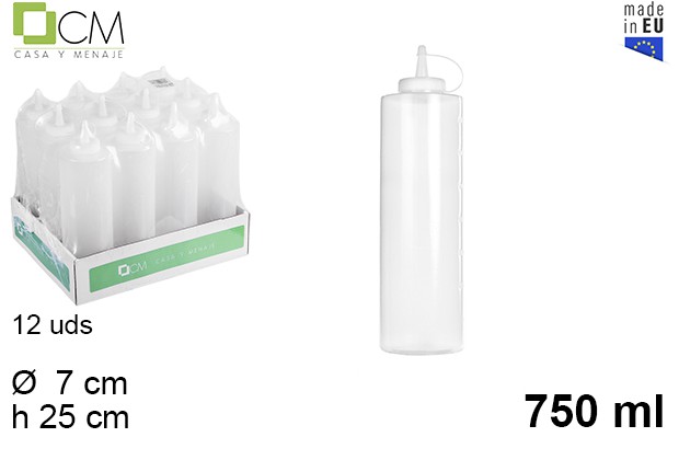 Bottiglia per salse in plastica trasparente con coperchio 750 ml