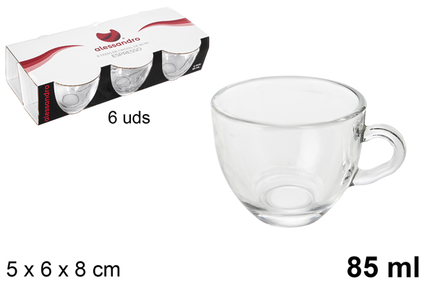 Pack 6 espresso glass cups with handle 85 ml