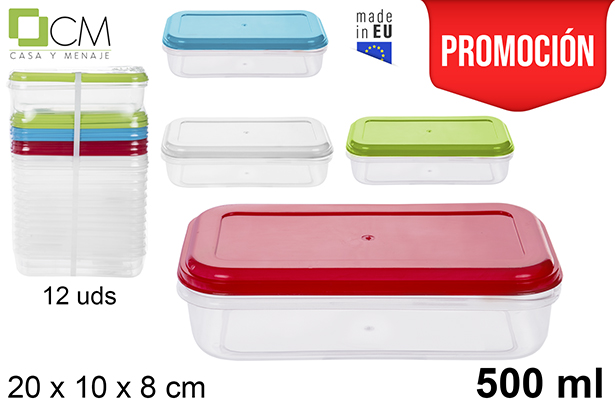 [105812] Fiambrera plástico rectangular tapa color 500 ml