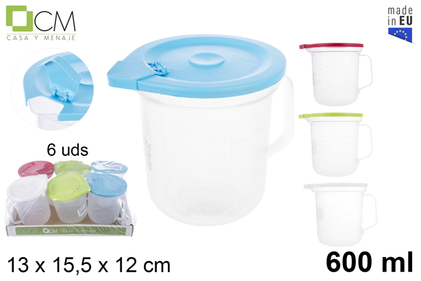 Jarra de plástico medidora con tapa colores surtidos 600 ml