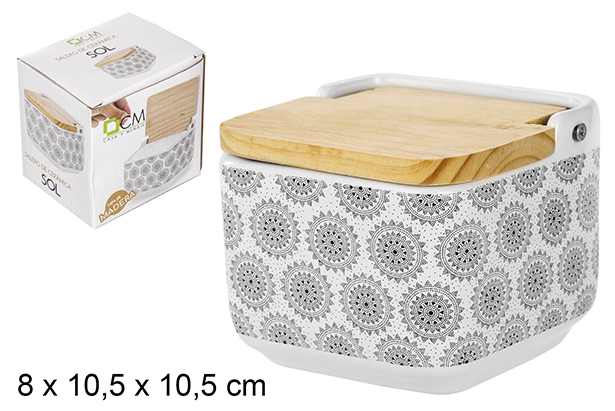 Salero cerámica con tapa madera decoración sol