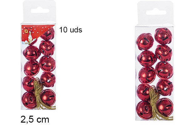 Pack 10 cascabeles rojo brillo 2,5 cm