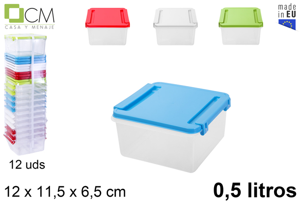 [106230] Square lunch box with lid closure assorted colors 0,5 l.