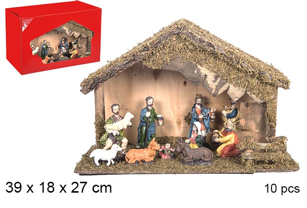 Nacimiento 10 piezas pesebre madera 39x18 cm