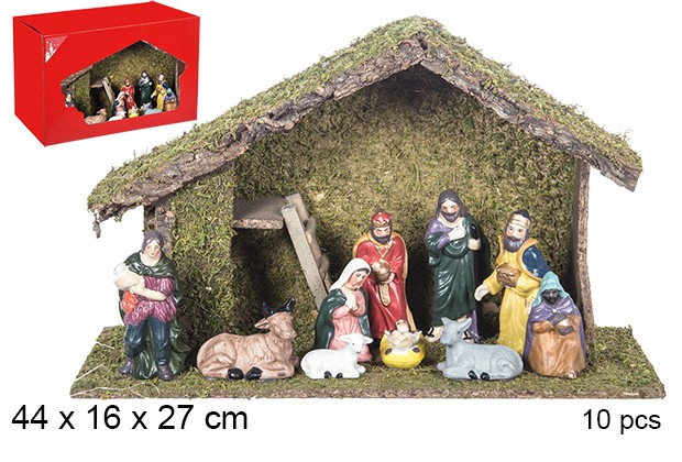 Nacimiento 10 piezas pesebre madera 44x16x27 cm
