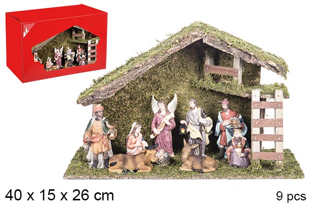 Natividade de 9 peças em madeira 40x15 cm