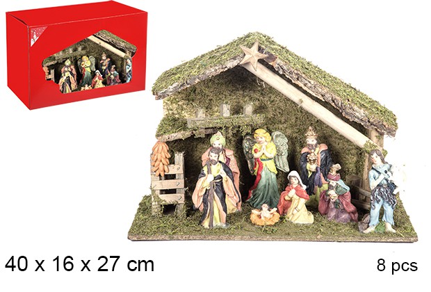 Nativity scene 8 pieces wooden manger 40x16 cm
