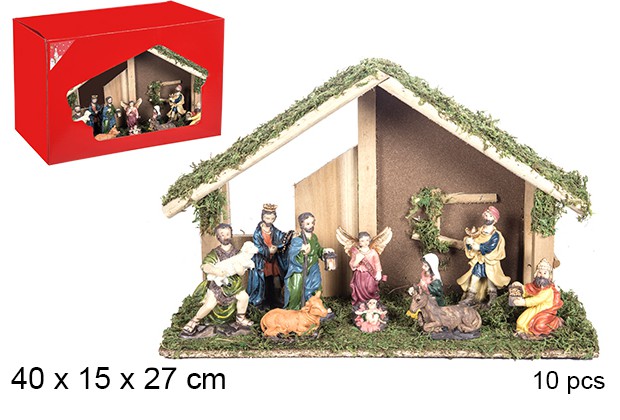 Nacimiento 10 piezas pesebre madera 40x15x27 cm