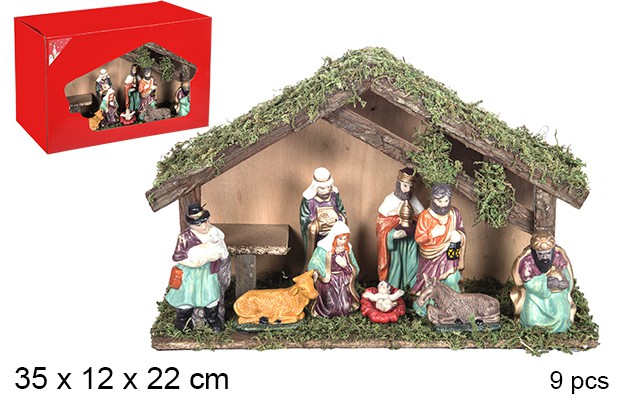 [106272] Nacimiento 9 piezas pesebre madera 35x12x22 cm