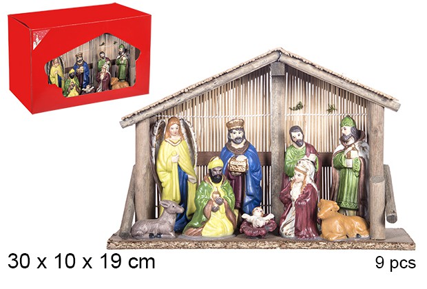 Nacimiento 9 piezas pesebre madera 30x10x19 cm