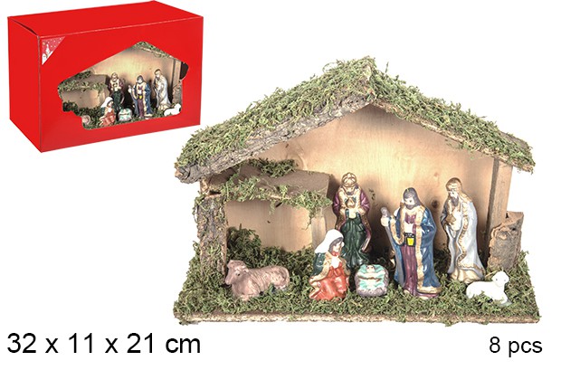 Nacimiento 8 piezas pesebre madera 32x11x21 cm