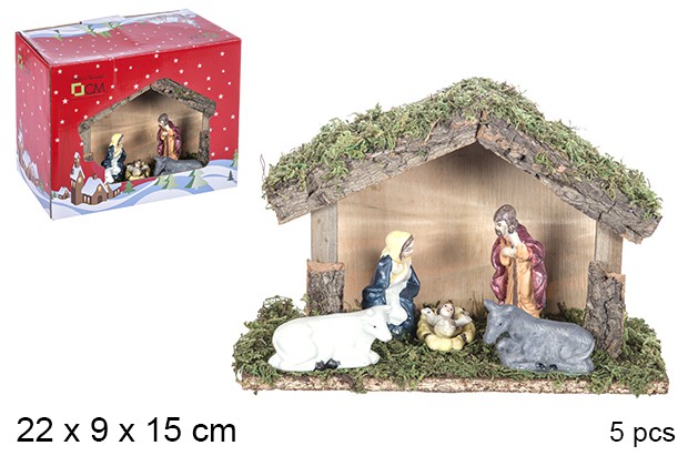 Nacimiento 5 piezas pesebre madera 22x9x15 cm