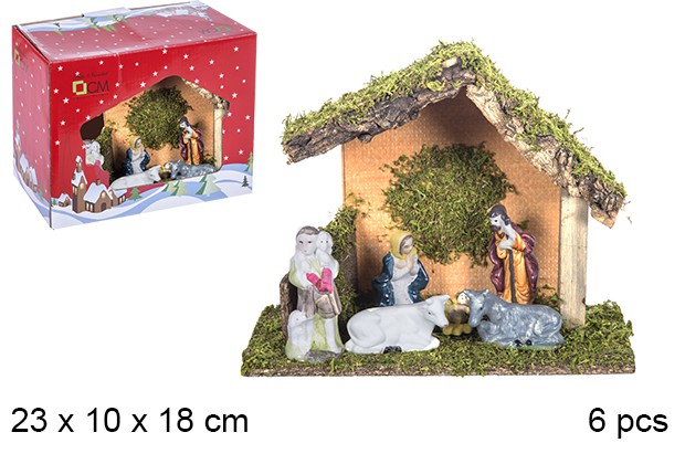 Nacimiento 6 piezas pesebre madera con luz LED 23x10 cm