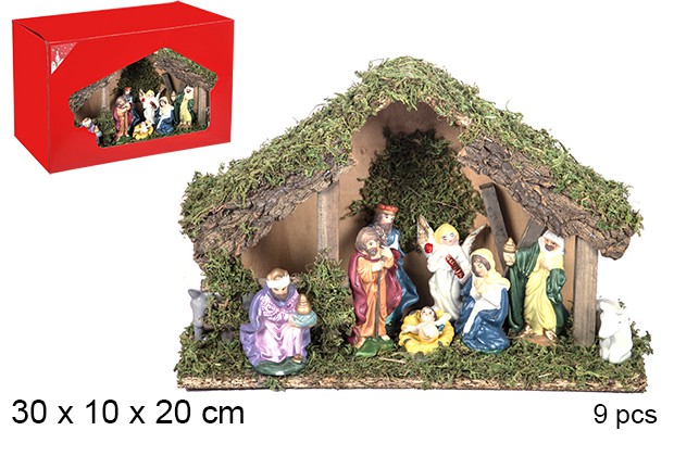 Nacimiento 9 piezas pesebre madera 30x10x20 cm