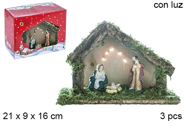 Nacimiento 3 piezas pesebre madera con luz LED