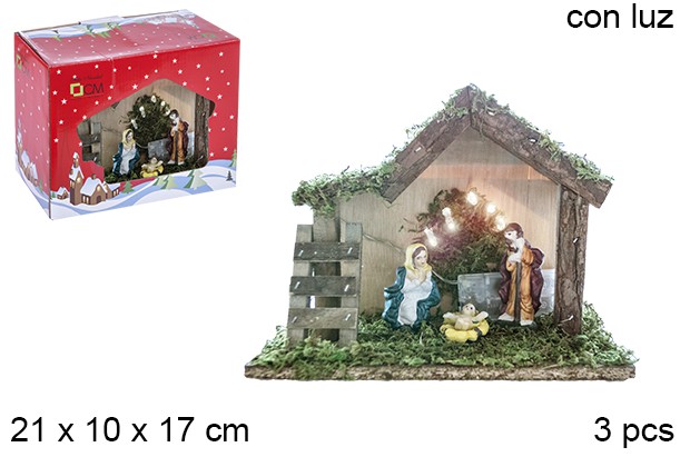 Nacimiento 3 piezas pesebre madera con luz LED