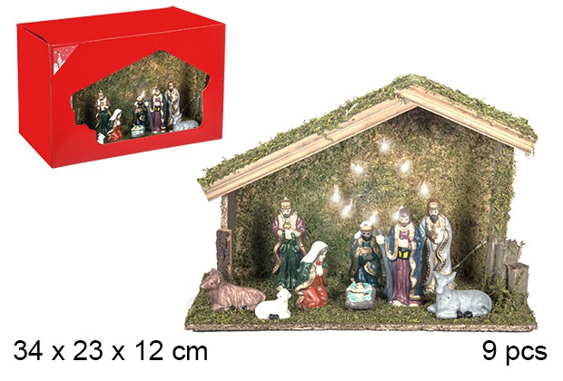 Nacimiento 9 piezas pesebre madera con luz LED