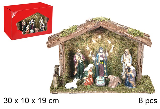Nativity scene 8 pieces wooden manger with LED light